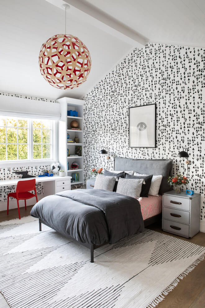 Transitional Bedroom With Patterned Wallpaper