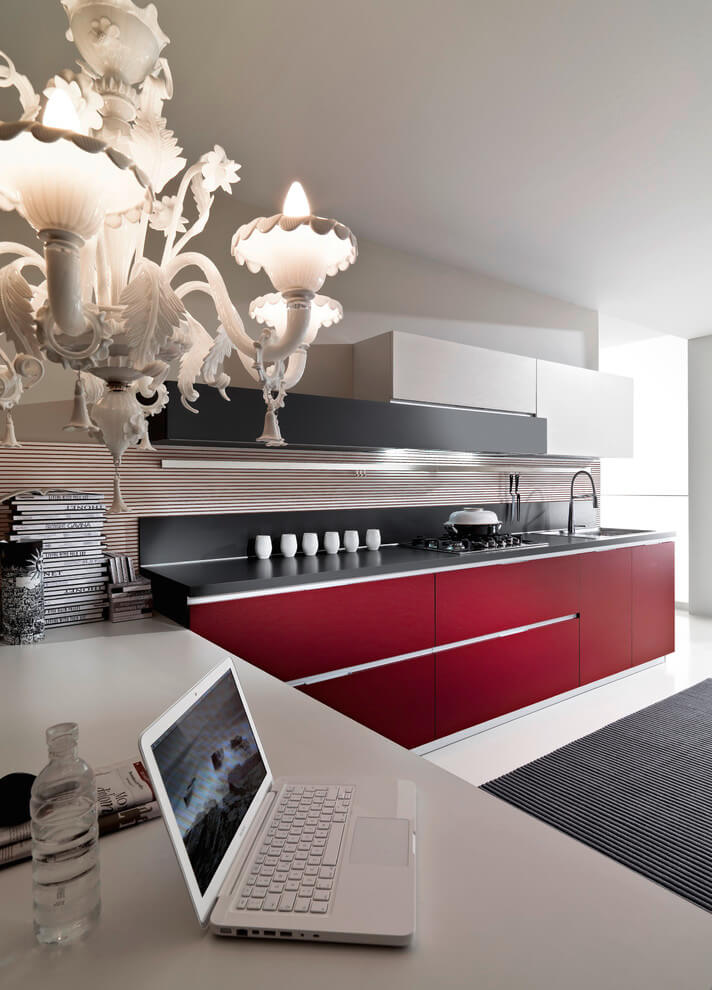 Red Cabinets In Contemporary Kitchenette